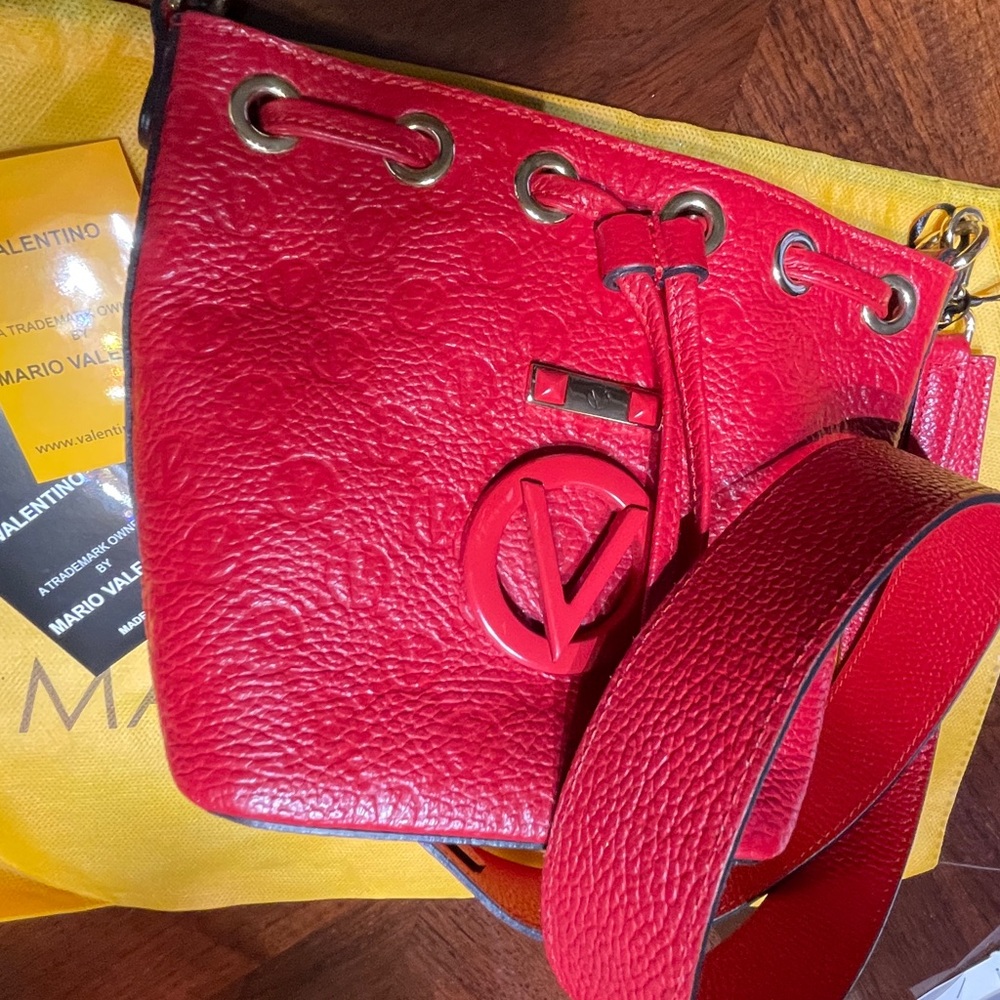 Valentino By Mario Valentino Jules Dollaro Monogram Red Leather Bucket Bag $1300 - Picture 9 of 10